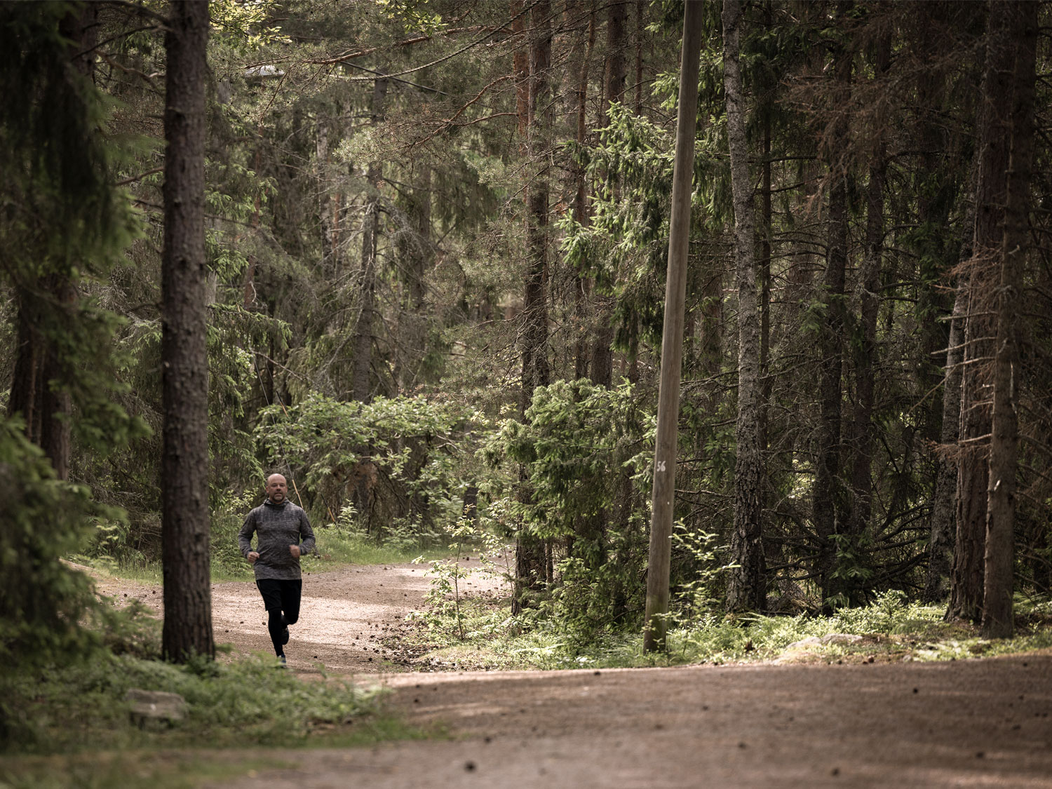 En man tar en löparrunda i skogen