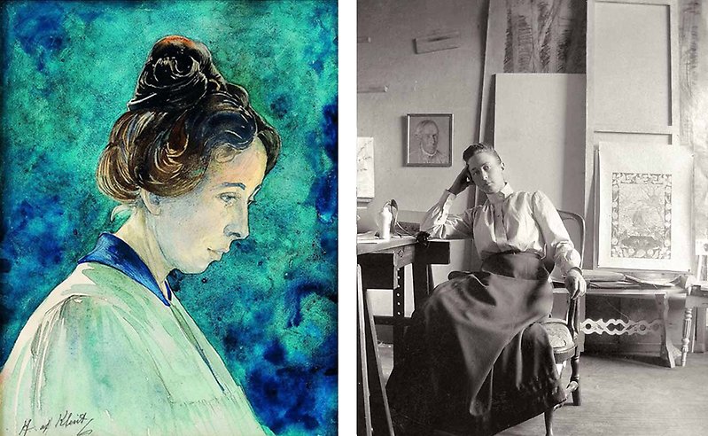 Två bilder av Hilma. Den ena ett självporträtt i Akvarell den andra bilden är ett svartvitt foto av Hilma där hon sitter på en stol i sin ateljé.