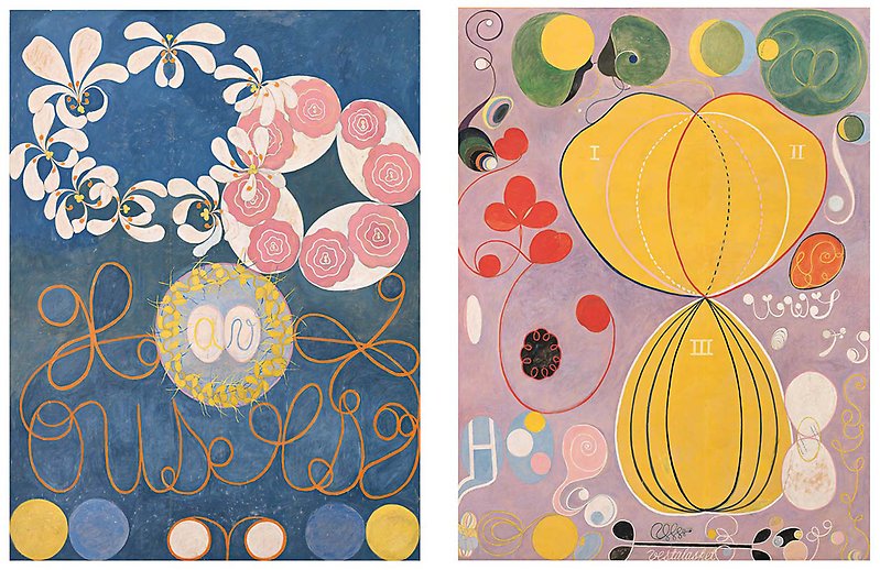 Två av Hilmas abstrakta tavlor. Den ena går i blått den andra har rosa botten med figurer i gult, grönt och rött.