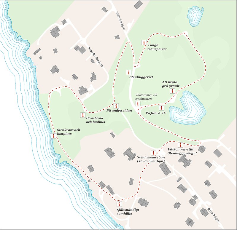 En kartbild över promenadslingan som går genom Stenhuggarebyn