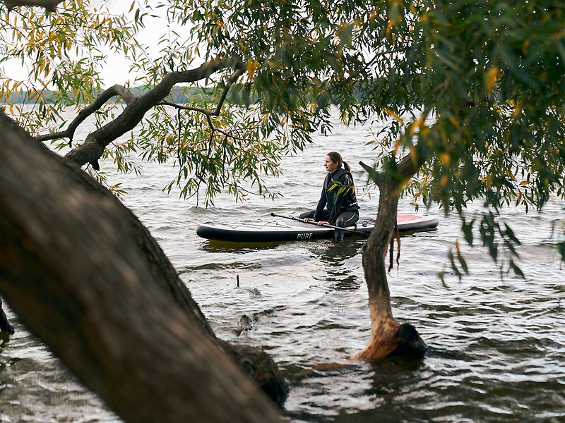 En kvinna sitter på en SUP-bräda i vattnet. I förgrunden syns ett träd.